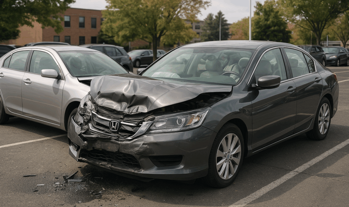 what to do after a car accident in Connecticut. Two cars collide in a Hartford CT parking lot, showing front-end and rear damage after a car accident